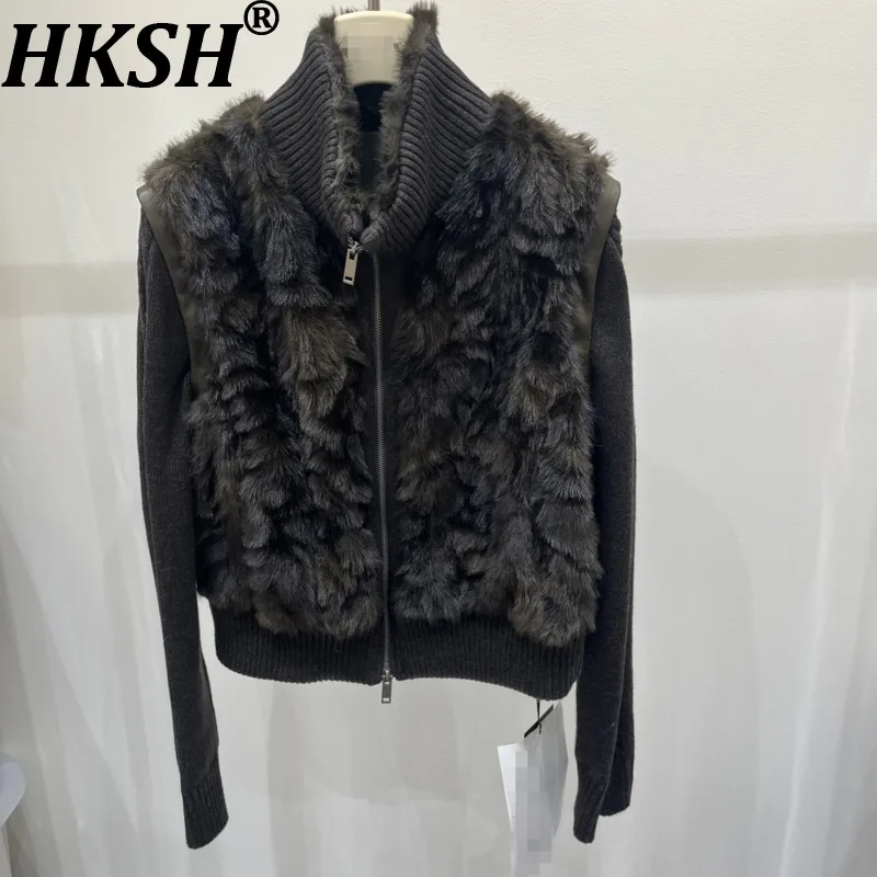 HKSH Women Faux Fur Coat Elegant Patchwork Design Detachable Knitted Sleeves Versatile Dark Stand Collar Ins Warm Jacket HK28830