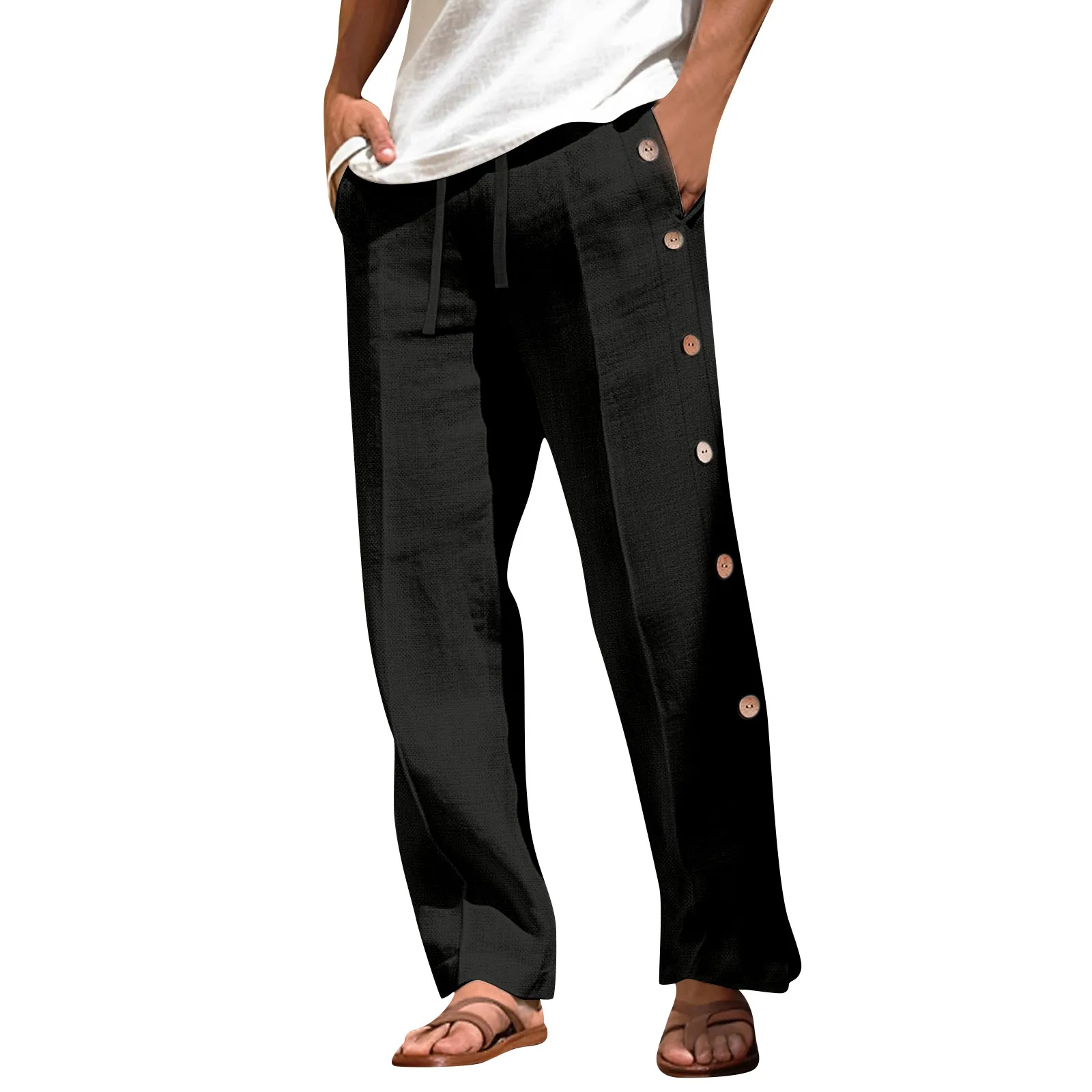 Men'S Casual Loose And Comfortable Casual Pants Cotton Linen Buttons Trousers Pantalones Deportivos Para Hombre PantalóN Hombre