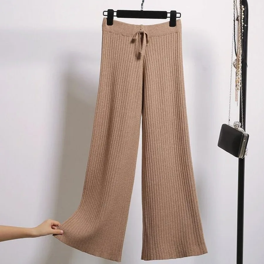 

Women's Wide Legged Pants 2023 Autumn/Winter New Solid Loose Relaxed Thickened High Waist Knitted Lace Up Straight Leg Pants