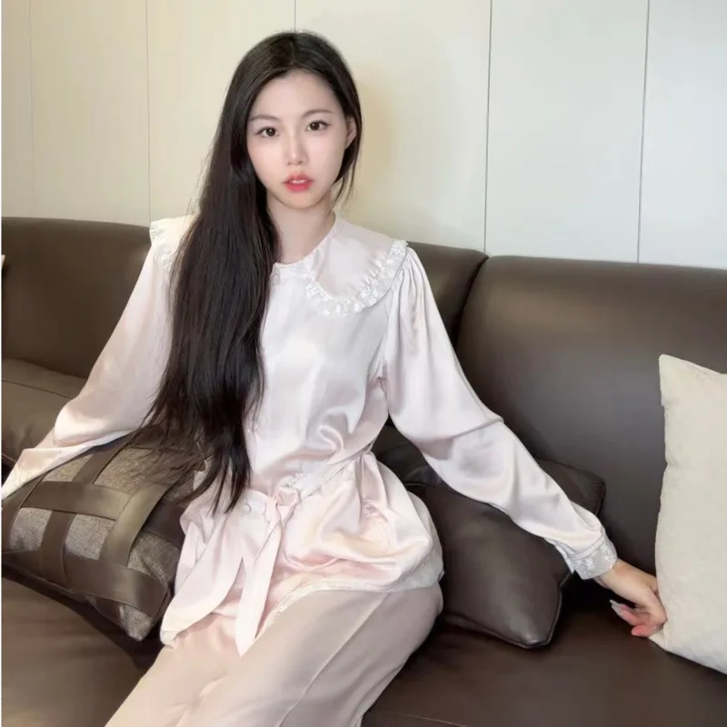 2025 Autumn Winter Ice Silk Women Pajamas Doll Collar Pink Long Sleeve Double Pockets Two Piece Set Nightgown Homewear Suit