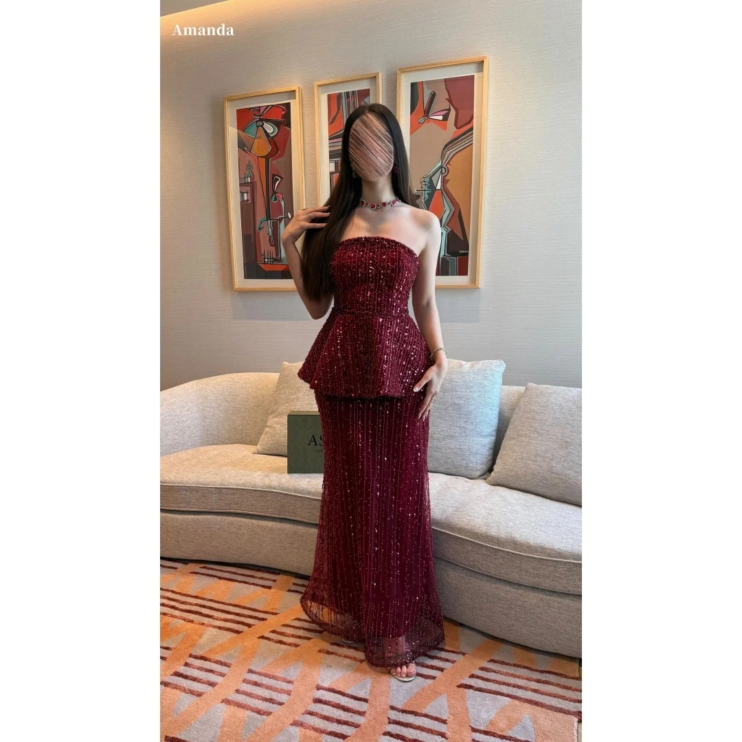 

Amanda Customized Red Beaded Strapless Backless Prom Dress Two-Piece Set vestidos de noche Floor-Length Formal Evening 2025