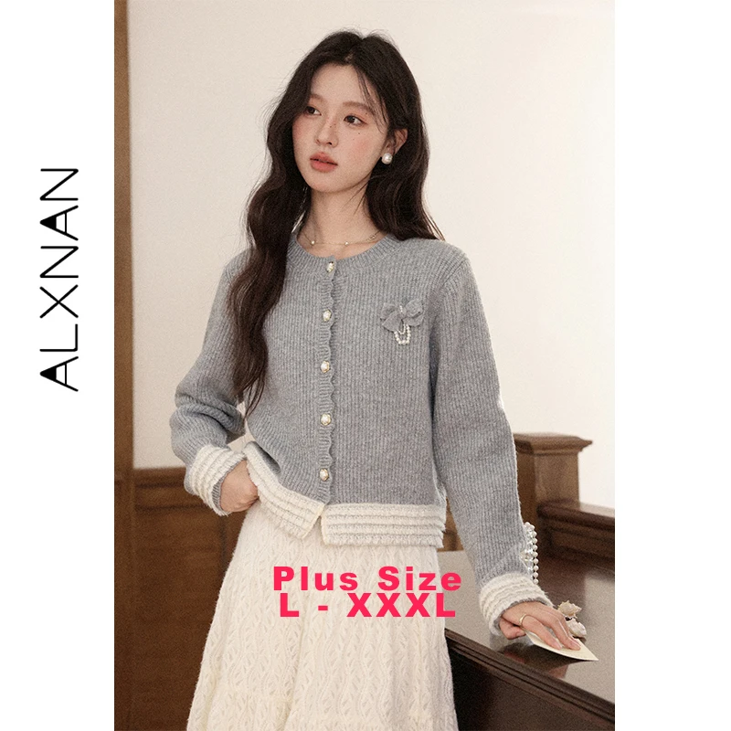 

ALXNAN женский кардиган больших размеров, осень-зима 2021, новый трикотаж с цветными блоками, элегантный универсальный женский топ с длинными рукавами D57830