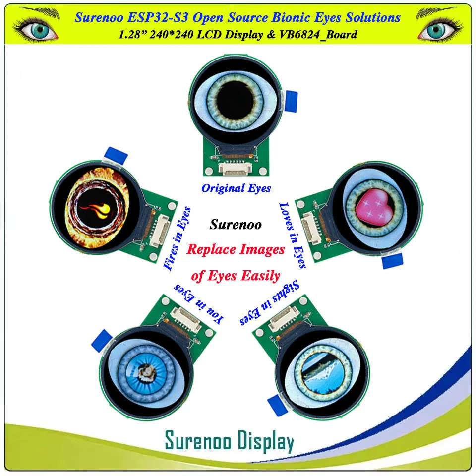 Surenoo ESP32-S3 مفتوح المصدر 1.28 "240*240 عيون بيونيك مستديرة LCD Xiaozhi AI Robert Deepseek Qwen3 WIFI بلوتوث لـ Ropet