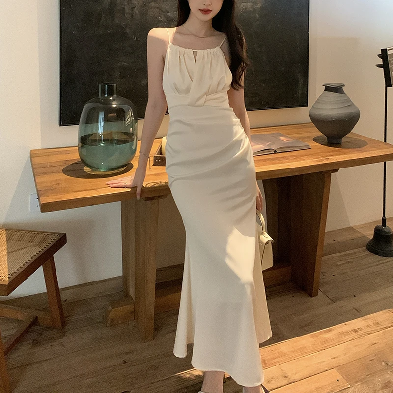 Sukienka satynowa na wesele, studniówkę, dla kobiet, elegancka, bez rękawów, syrenka, seksowna, z wycięciami, sukienki wieczorowe, lato