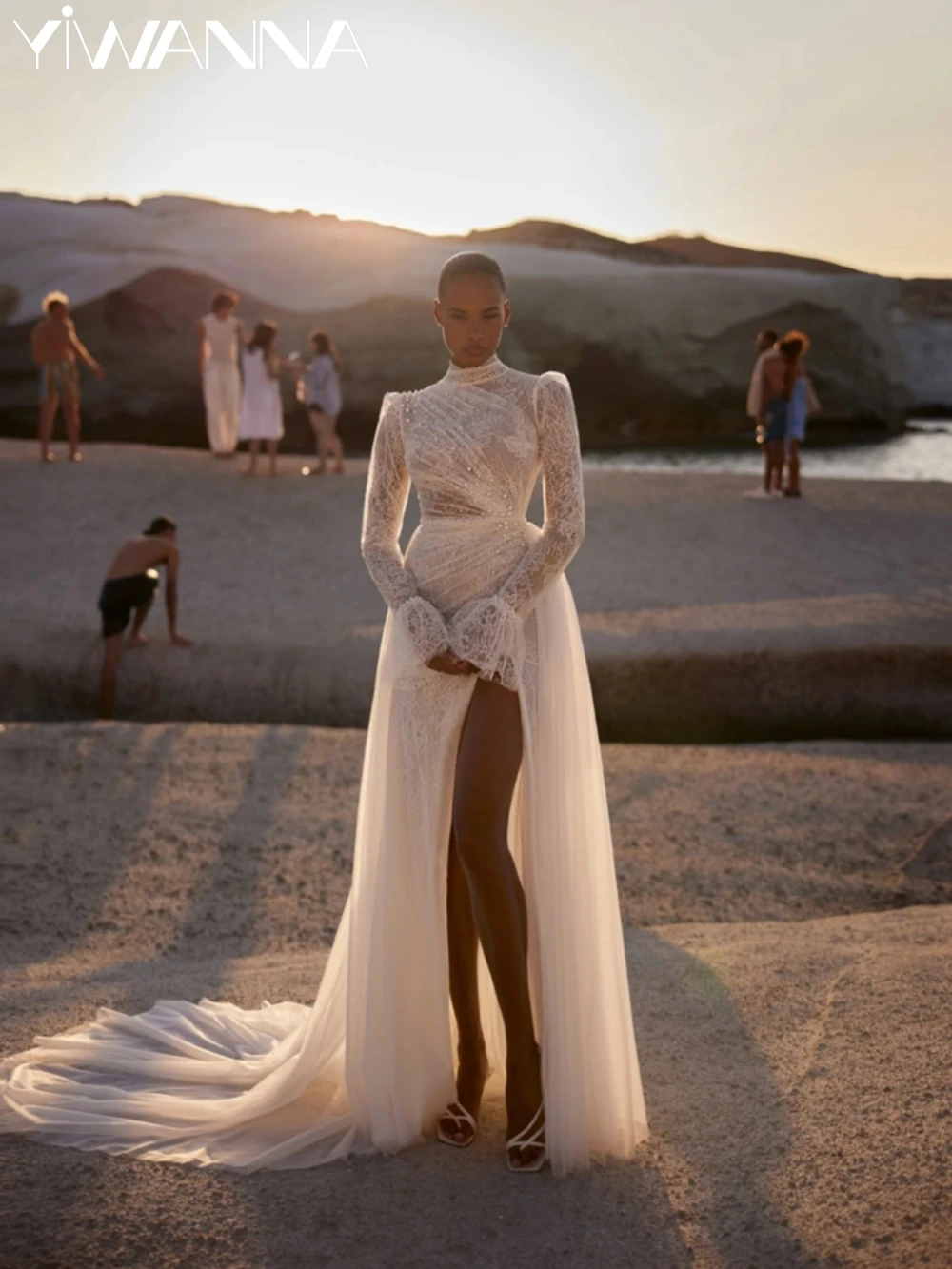 

Detachable Train Pearls Lace Mermaid Long Wedding Dress With Slit High Collar Bridal Gown Customized Dreamy Dresses For Bride