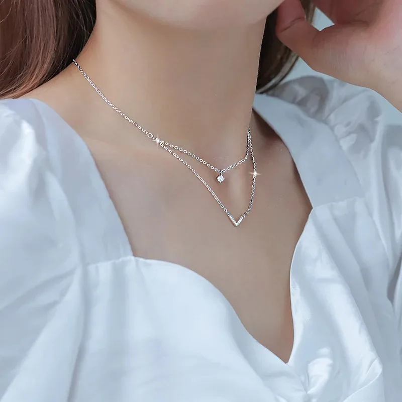 Anziw V Letter 5mm Moissanite Pendant Double Layer Necklace for Women 925 Sterling Silver Chain Clavicle 2025 New Jewelry Gifts