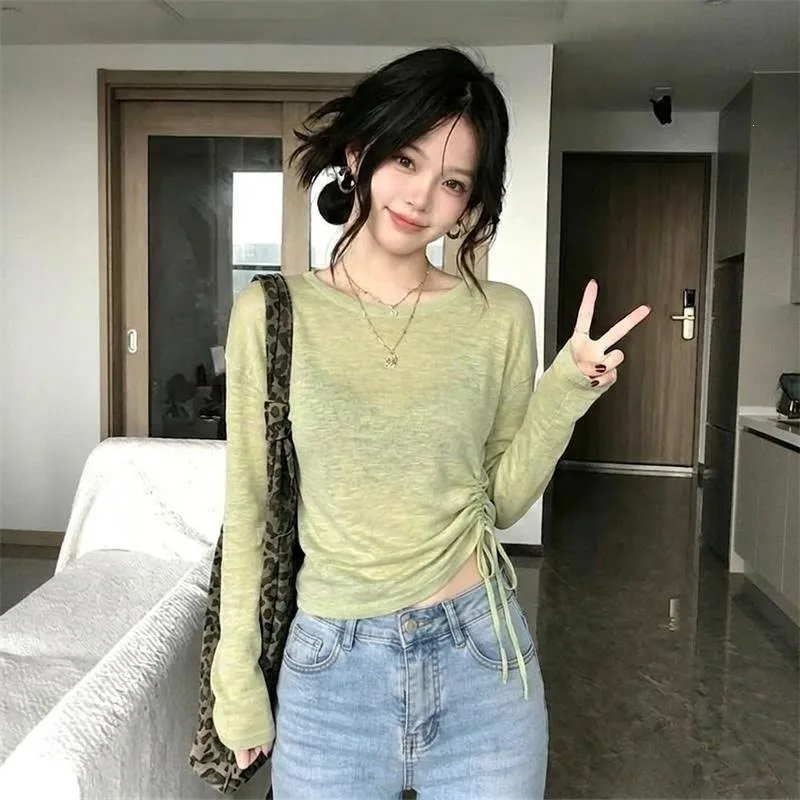 Women's Sexy Sheer Drawstring Cropped Long Sleeve T-Shirt Sun Protection Cover up Top Petite Trendy Casual Blouse
