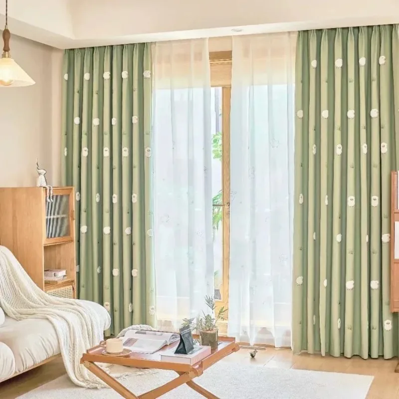 Green Cartoon Blackout Curtains for Kids Boys Girls Living Room Bedroom White Voile Drapes Thermal Insulated Nursery Decor