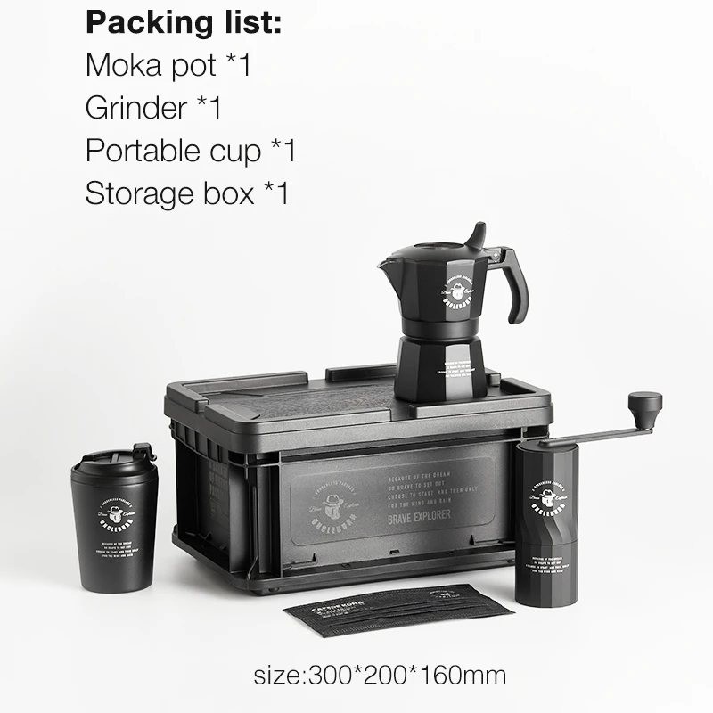 CAFEDEKONA & UNCLE BURN Brewing Kit Outdoor Camping Coffee Set Coffee Maker Moka Pot + Coffee Grinder + Coffee Cup + Storage Box