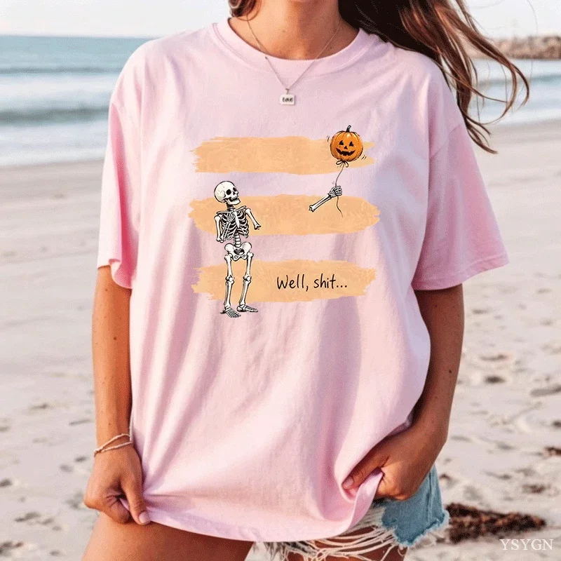 Halloween Skeleton Pumpkin Balloon Printed T Shirt Men Women Humor Slogan Short Sleeve Vintage Couple Streetwear Casual Y2k Top