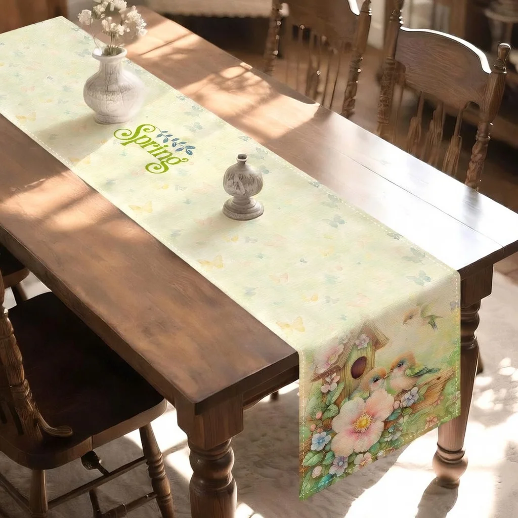 Vintage Floral Bird Birdhouse Table Runner, Yellow White Rustic Rectangular Table Decor for Dining Room Party & Outdoor Events
