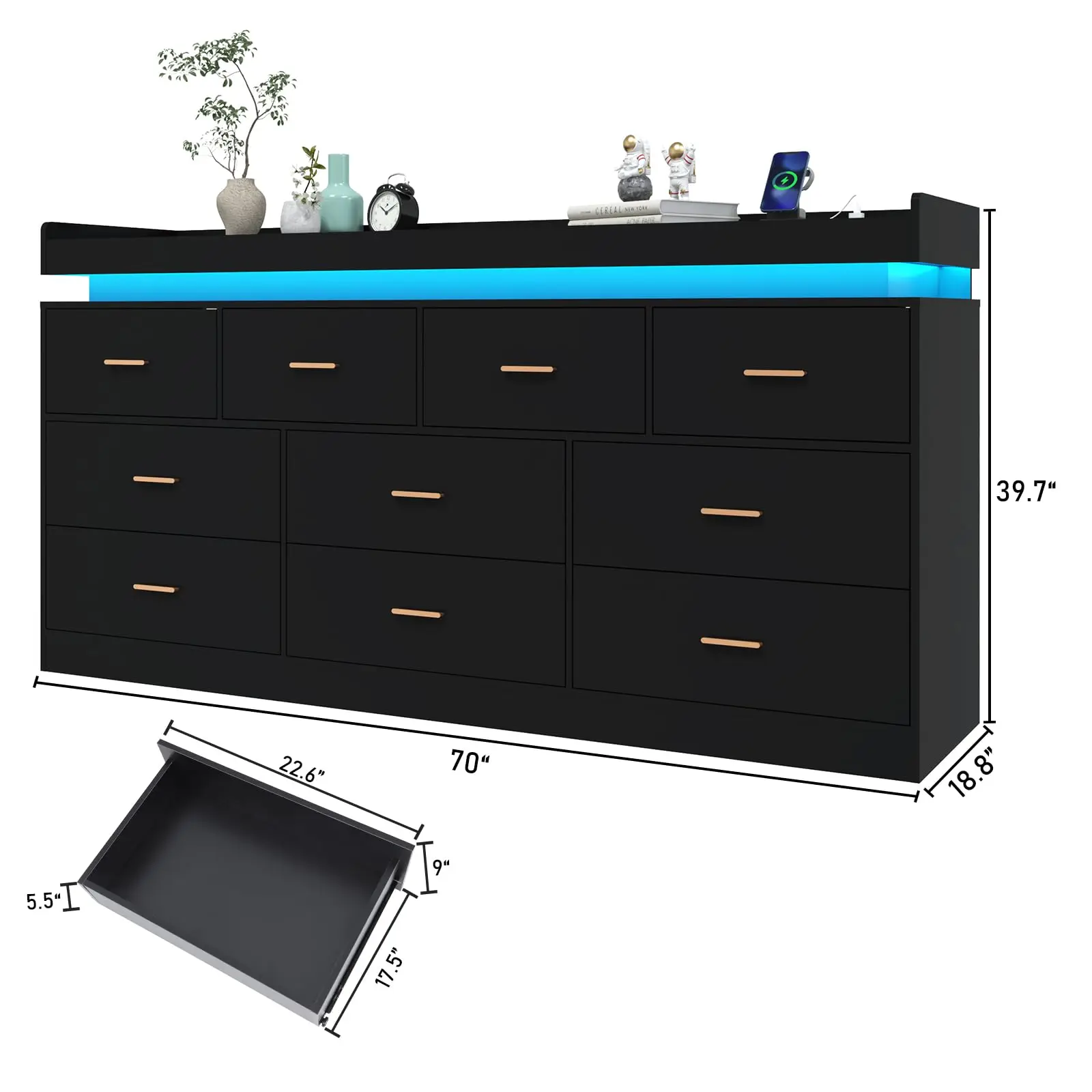 10 Drawer Dresser with LED Light and Charging Station Modern Chest of Drawers for Closet Wide Drawer Organizer Cabinet Living