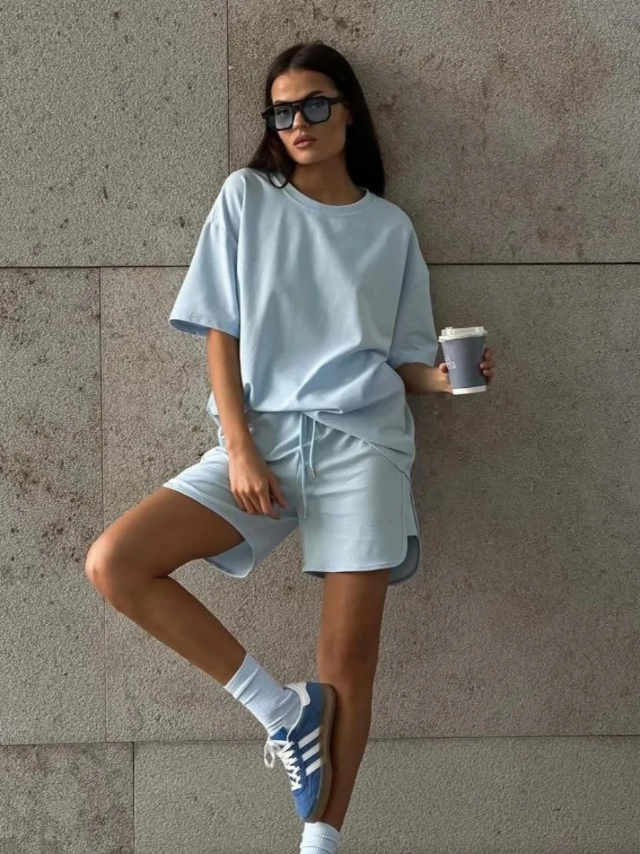 

LIinar Soft Cotton Sets Women 2026 New Casual Two Pieces Short Sleeve T Shirts and High Waist Shorts Solid Outfits Tracksuit