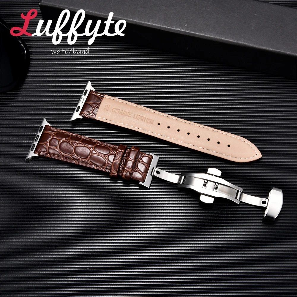 Crocodile Pattern Leather Band for Apple Watch Ultra 8 7 SE 6 5 4 3 Watchband 38 40 41 42 44 45 49mm Strap with Butterfly Buckle