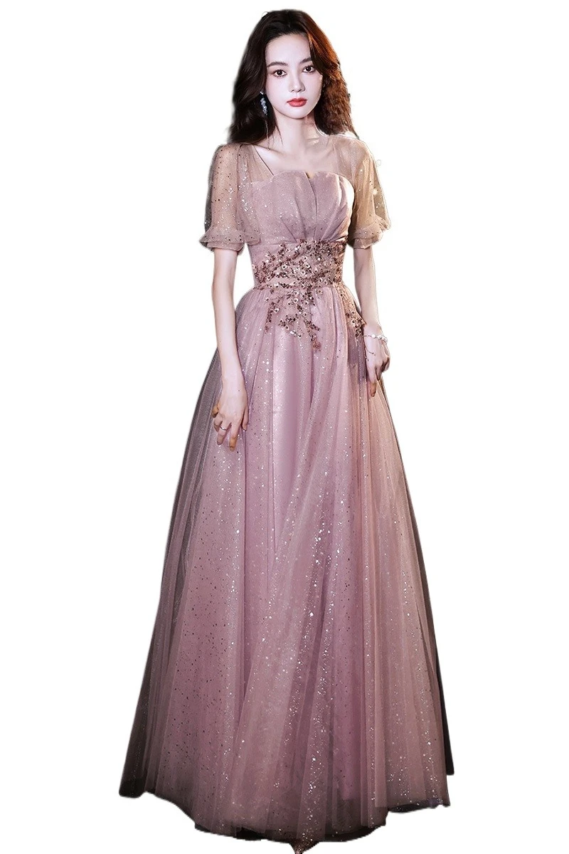 

Vintage Sequined Ruched Princess Party Dress With Short Sleeves Pink