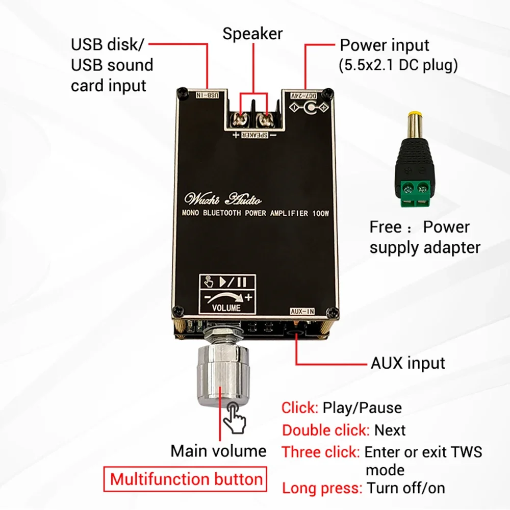 ZK-1001B Mono 100W Bluetooth 5.1 Audio Power Amplifier Module DC7-24V Power Amplifier Chip TPA3116 With TWS Box Function