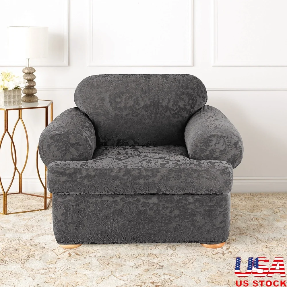 

Stretch Jacquard Damask 2 Piece Chair Slipcover Soft Polyester T Cushion Furniture Cover Machine Washable Fresh Look