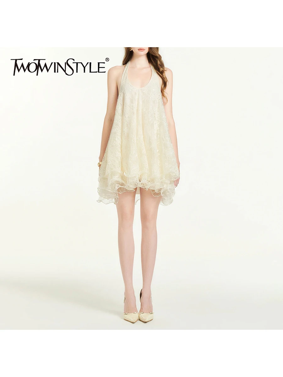 

TWOTWINSTYLE Apricot Loose Spliced Lace Chic Dresses for Women Halter Sleeveless Gentle Casual Dress Female Summer Fashion New
