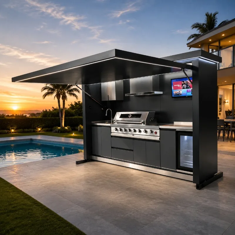 Outdoor Kitchen Shed Weatherproof Complete BBQ Grill Kitchen Island Custom Unit with Free Shipping for All-Weather Outdoor Use