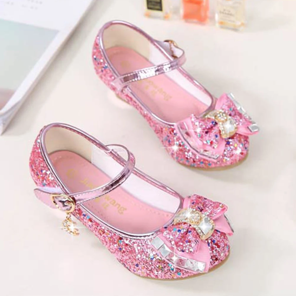 

Lovely Pink Children Dance Shoes Sequined Bowknot Kitten Heel Soft Non-Slip Sole Comfortable Kid Girls Party Spring Fashion