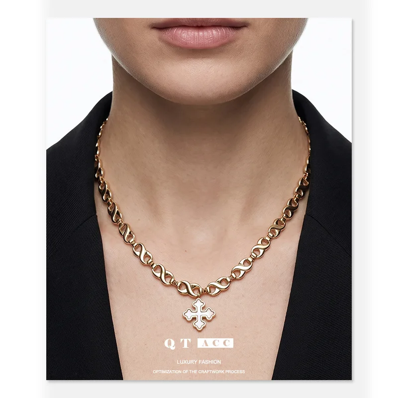 Natural Mother of Pearl Cross Pendant Necklace Infinity Link Chain Minimalist Luxury Choker Women Fashion Jewelry Gift