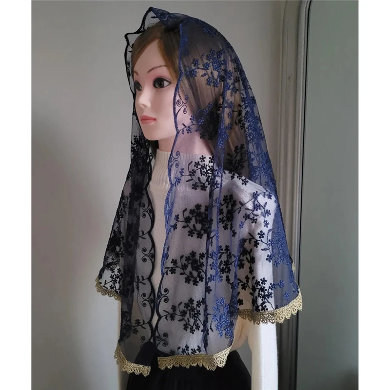 

Navy Blue Flowers Floral Mantilla Veil For Women D Shape Church Mass Catholic Gift Vintage Head Covering Gold Embroidered Lace