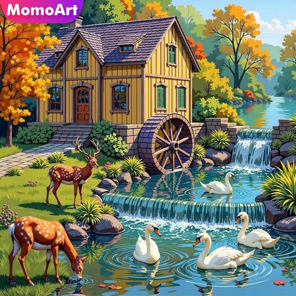 Momoart Diamantmalerei Haus-Landschaft DIY Diamant-Mosaik-Bild Strass-Stickerei Fluss-Heim Schlafzimmer Wandkunst