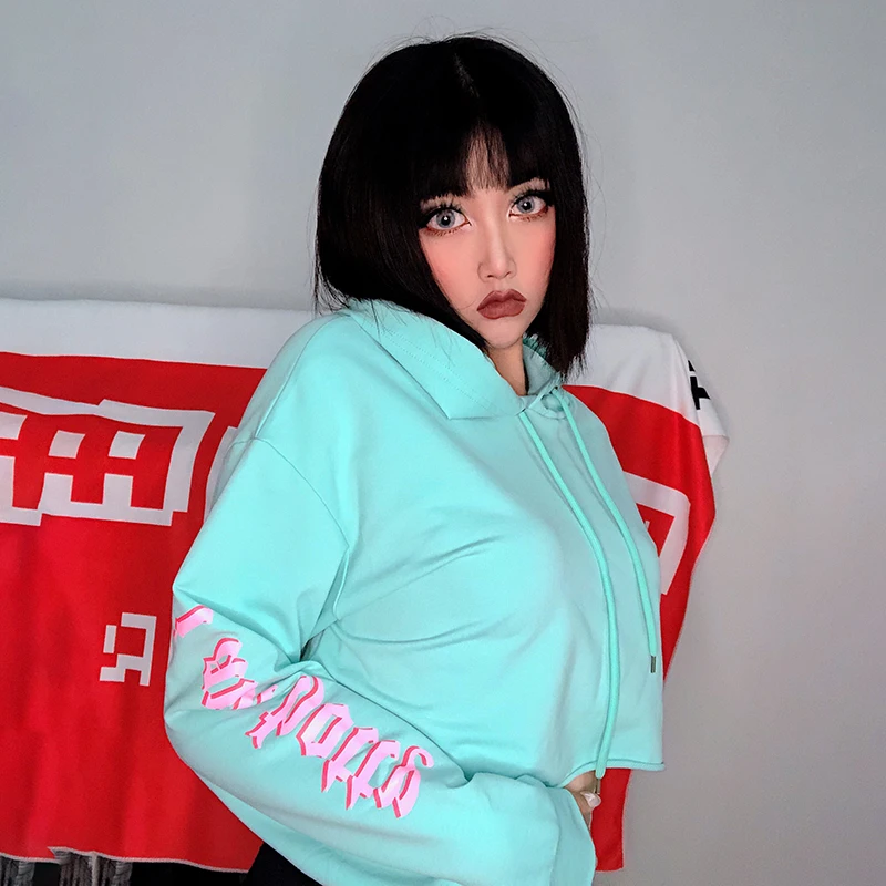 

Raglan Long Sleeve Loose Panelled Letter Hoodies Sweatshirt Women 2024 Streetwear Fall Green Hip Hop Harajuku Crop Top