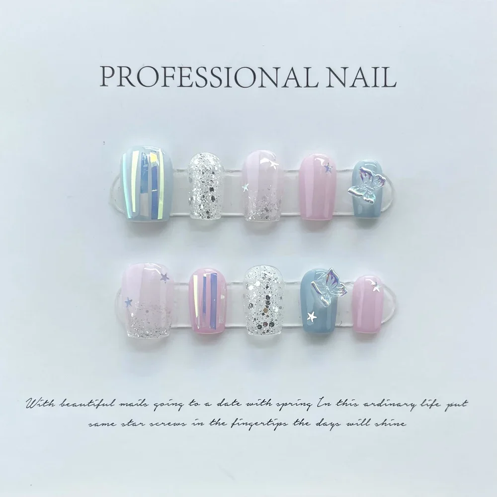 

Handmade Korean Press on Nails Short Pink Blue Star 3D Design Reusable Adhesive False Nails Acrylic Full Cover Nail Tip Nail Art