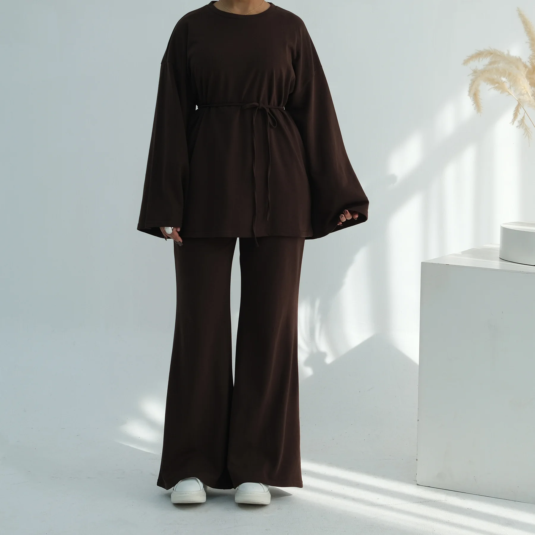 ชุดมุสลิมสำหรับวันอีด 2 ชิ้น เสื้อติดเข็มขัด กางเกงขายาว ชุดอิสลาม ตุรกี คาฟตัน ดูไบ อาบายะ ชุดลำลองสำหรับผู้หญิงมุสลิม