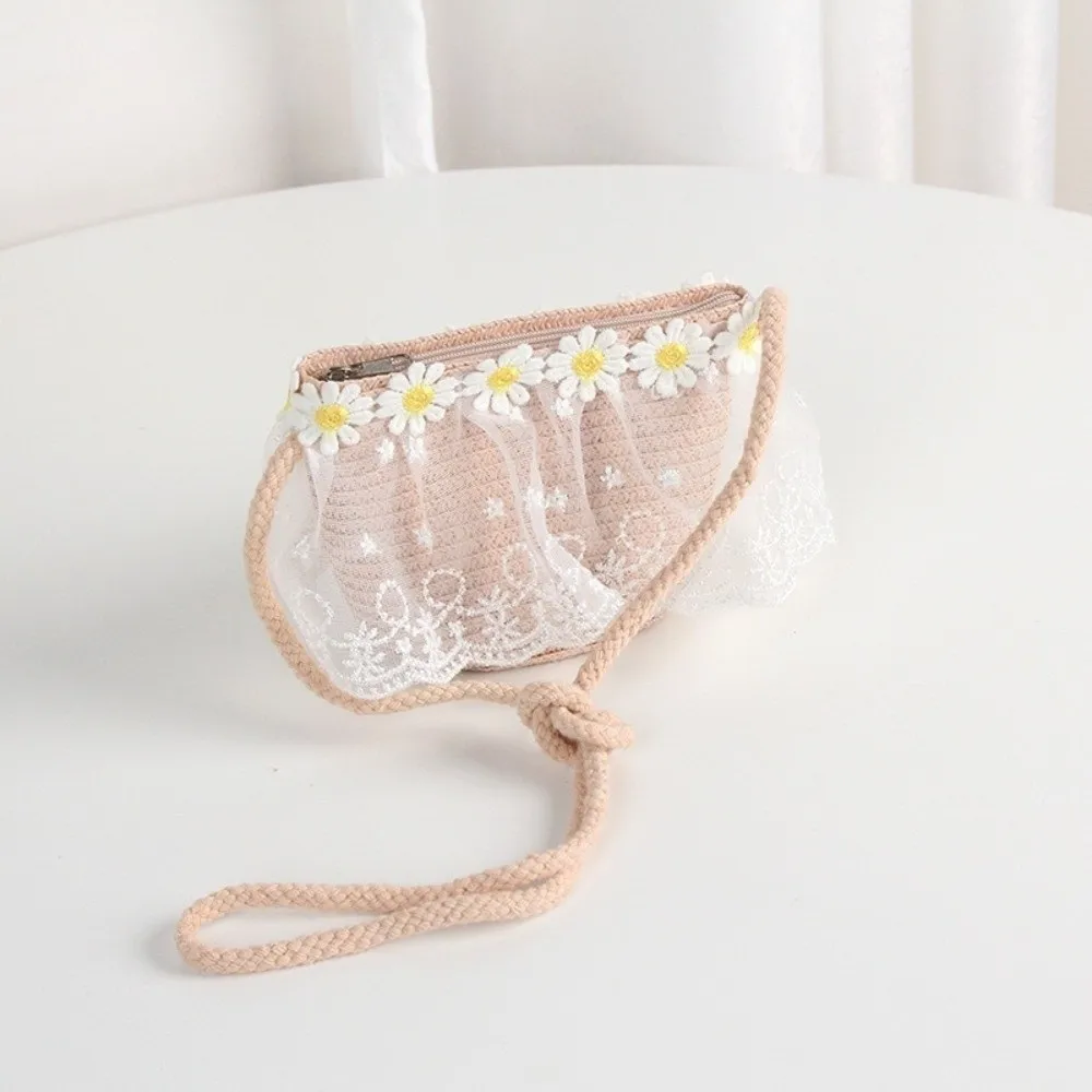 

Fashion Small Daisy Children Beach Straw Hat Wide Brim Lace Straw Bag Cap Set Sun Protection Solid Color Fisherman Hat Summer