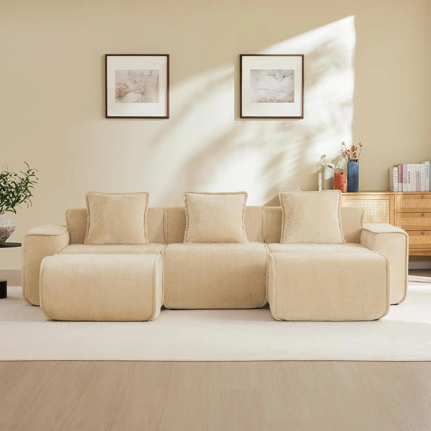 0 Hour Setup 3 Seat U Shape Velvet Modular Sectional Cloud Comfort Sofa with 2 Ottomans for Family Living Room  ized