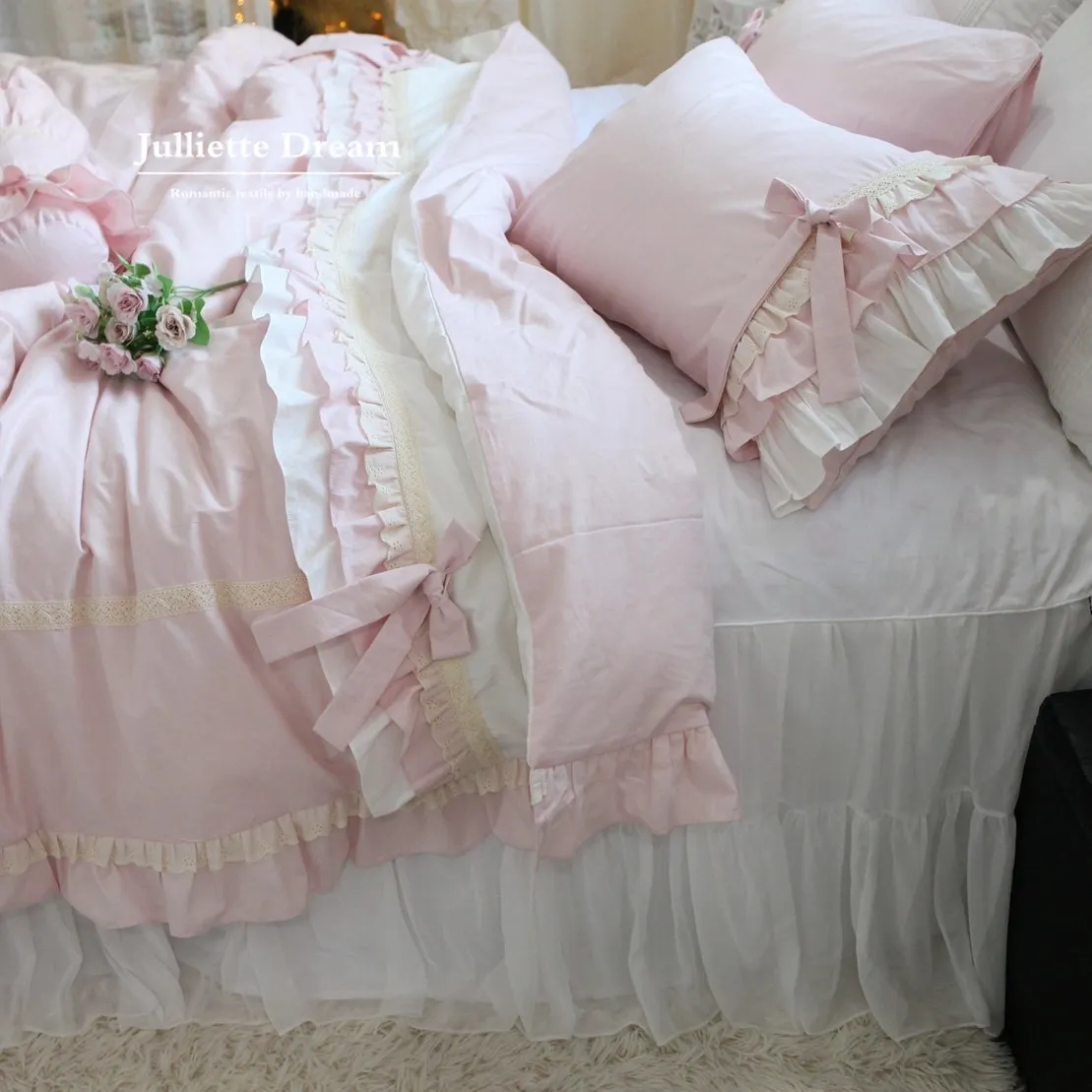 Romantic Ruffle Bedding Set, Lace Trim & Bow Detail Pink 4-Pc Cotton Sheet Set, Bedding for Girls Room,Princess Duvet Cover