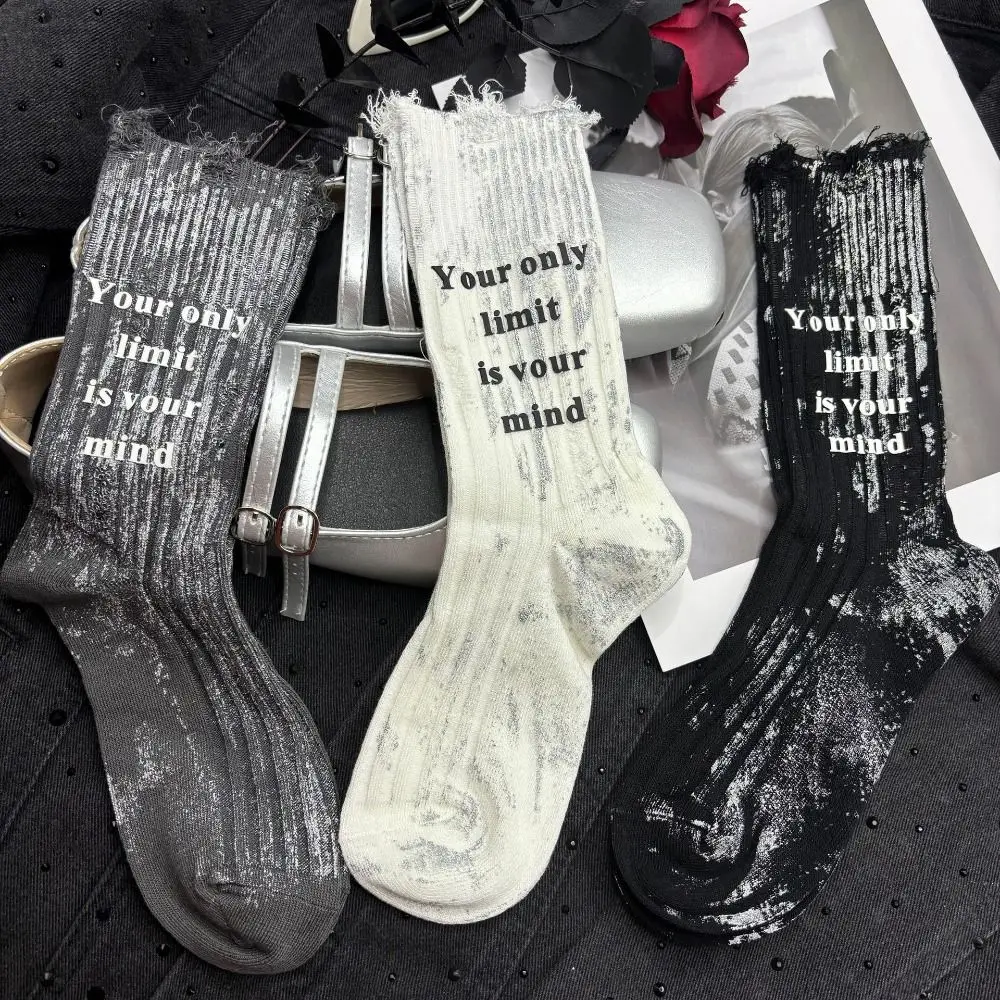 Chaussettes creuses à rayures avec lettre pour femmes, chaussettes mi-mollet, chaussettes tube punk, streetwear de personnalité, unique, déchiré, fille