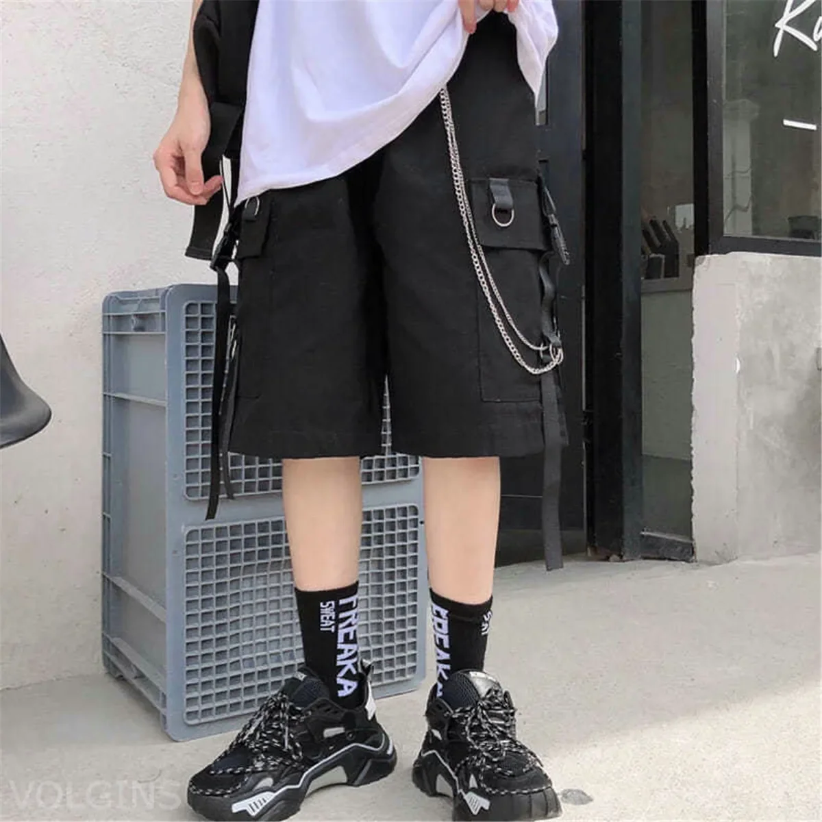 2026 Schwarze Hip-Hop Cargo-Shorts für Herren, Sommer-Laufshorts, High-Street-Loose-Fit-Hosen, Streetwear, Weiße, Lässige, Khaki-Shorts für Jungen und Mädchen – Detail 5