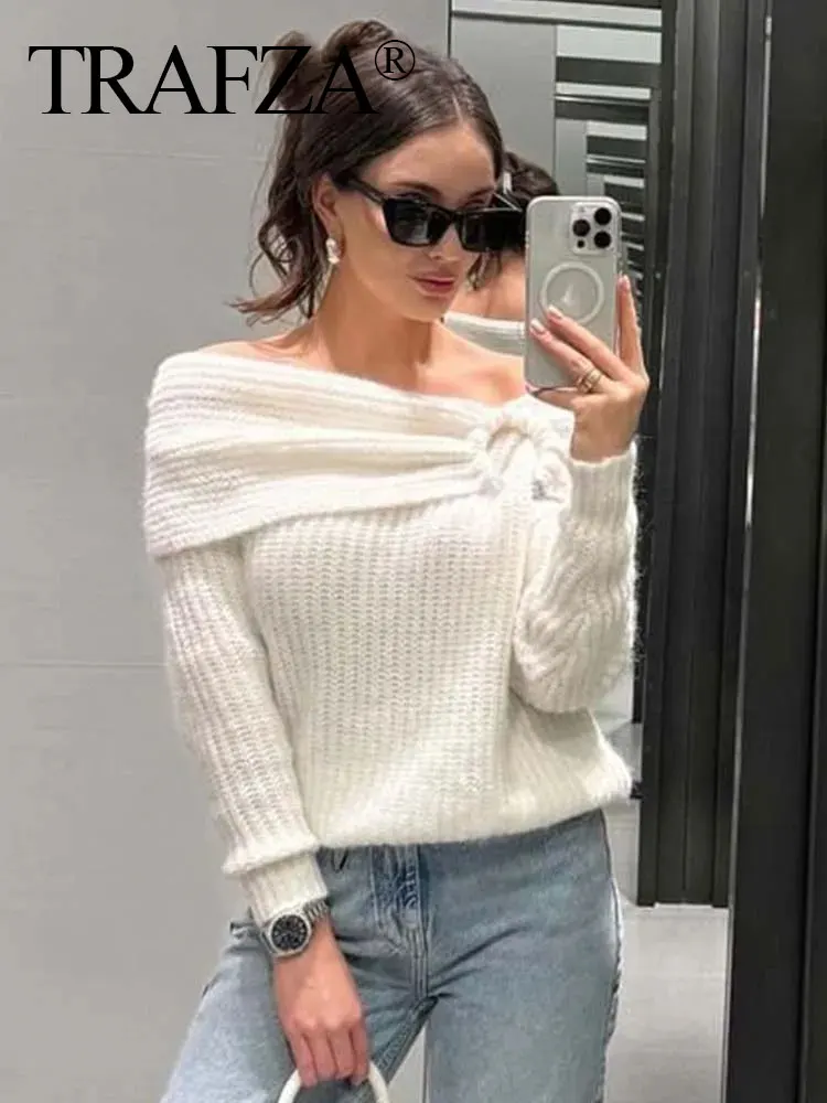 TRAFZA Spring Sweaters For Women Elegant White Slash Neck Off Shoulders Long Sleeve Sweater Pullover Female Chic Knitted Tops