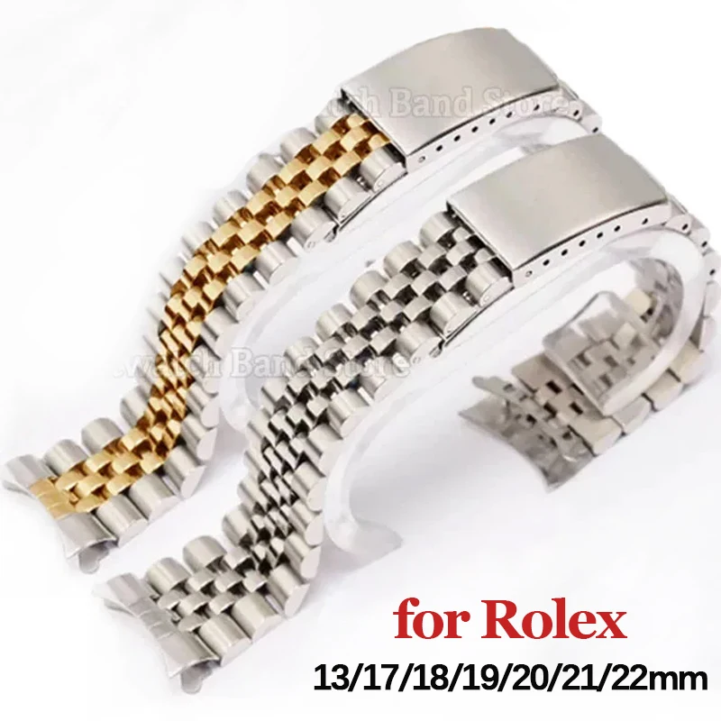 13/17/18/2/21/22mm Curved End Metal Watch Strap for Rolex DATEJUST Solid Stainless Steel Fold Buckle for Jubilee Luxury Bracelet