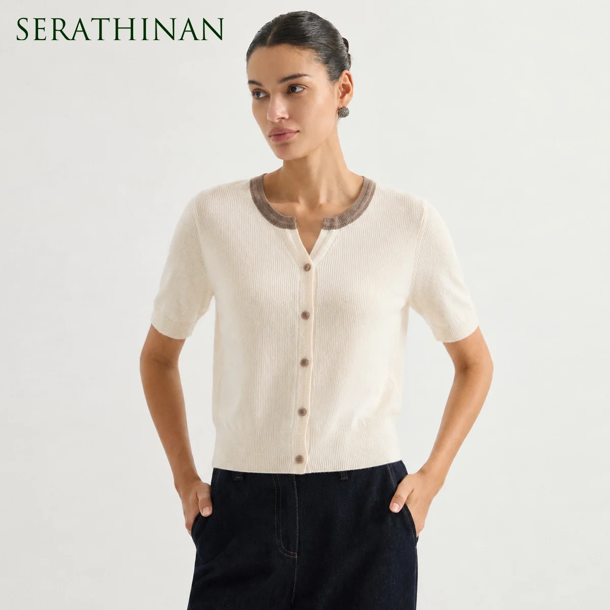 ML62125 Women's Chic V Neck Short Sleeve Knit Cardigan Button Front Ribbed Modal Blend Early Autumn Sweater