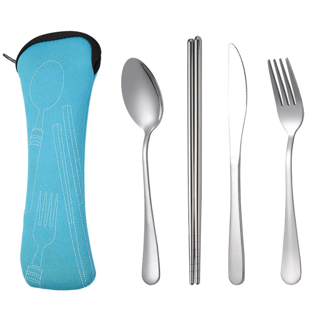 4Pcs Set Dinnerware Portable Stainless Steel Spoon Fork Steak Knife Set Travel Cutlery Tableware with Bag Light Blue