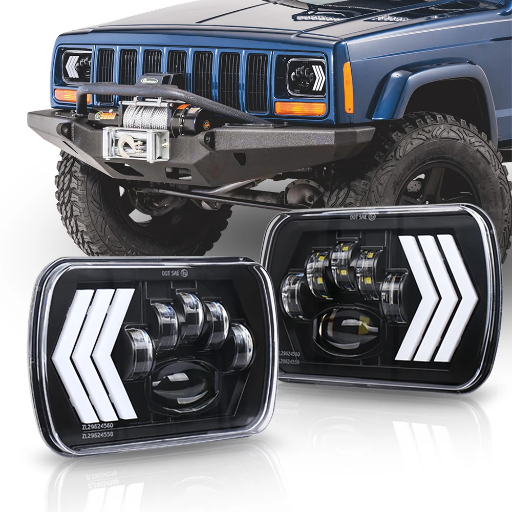 OVOVS 5x7 inch Headlights with White&Amber Arrow DRL  Sequential Turn Signal Red Background Lightfor Wrangler YJ XJ Toyota GMC