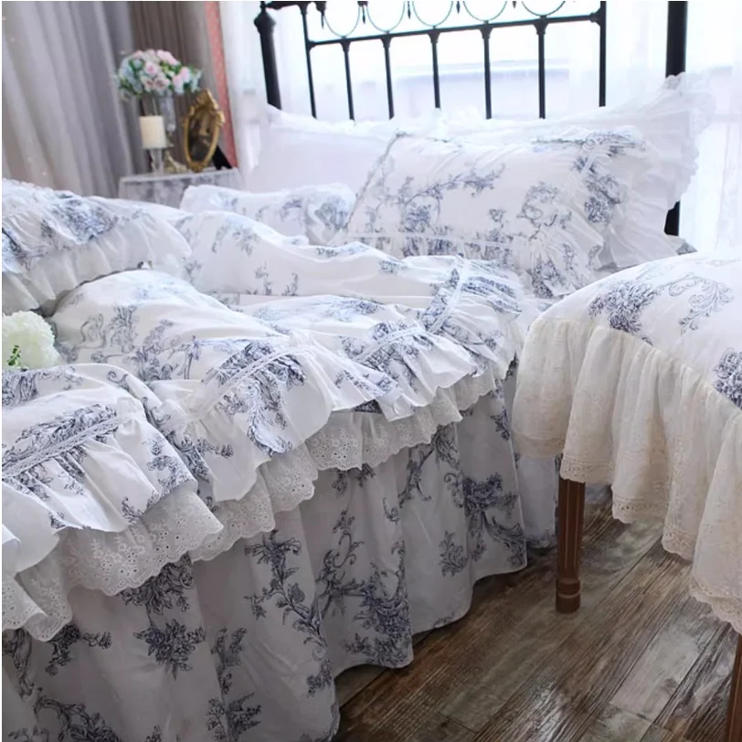 European Style Cotton Bedding Set Elegant Ruffled Lace Design Duvet Cover Bed Sheet with Skirt Quilt Cover Set with Pillowcase