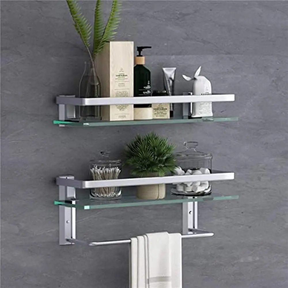 

Bathroom Glass Shelf with Towel Bar 15.7in Wall Mounted Floating Double Tier Organizer Rustproof Tempered Glass Shower Rack