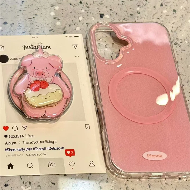 Magnetic pleated pink phone case with pink pig magnetic bracket for iPhone 11 12 13 14 15 16 pro max