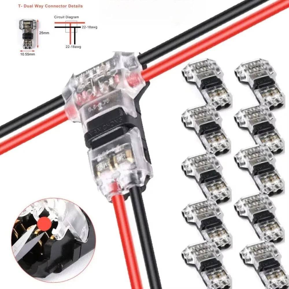 No Strip Solder-Free T2 Wire Snap Connector Quick Cable Splitter Terminal Electrical Wiring Junction Adapter 18-22AWG