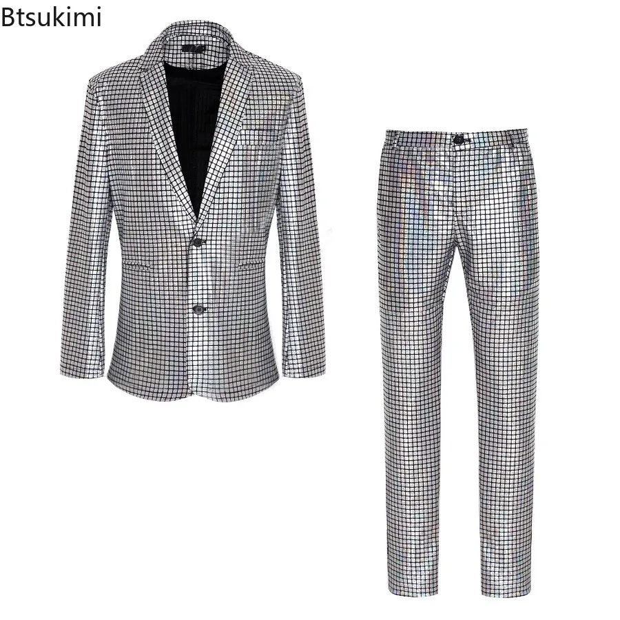 2024Men\'s Stage Prom Suits Sets Gold Silver Rainbow Plaid Sequin Pants Sets Men Festival Christmas Dance Party Costume Homme 4XL