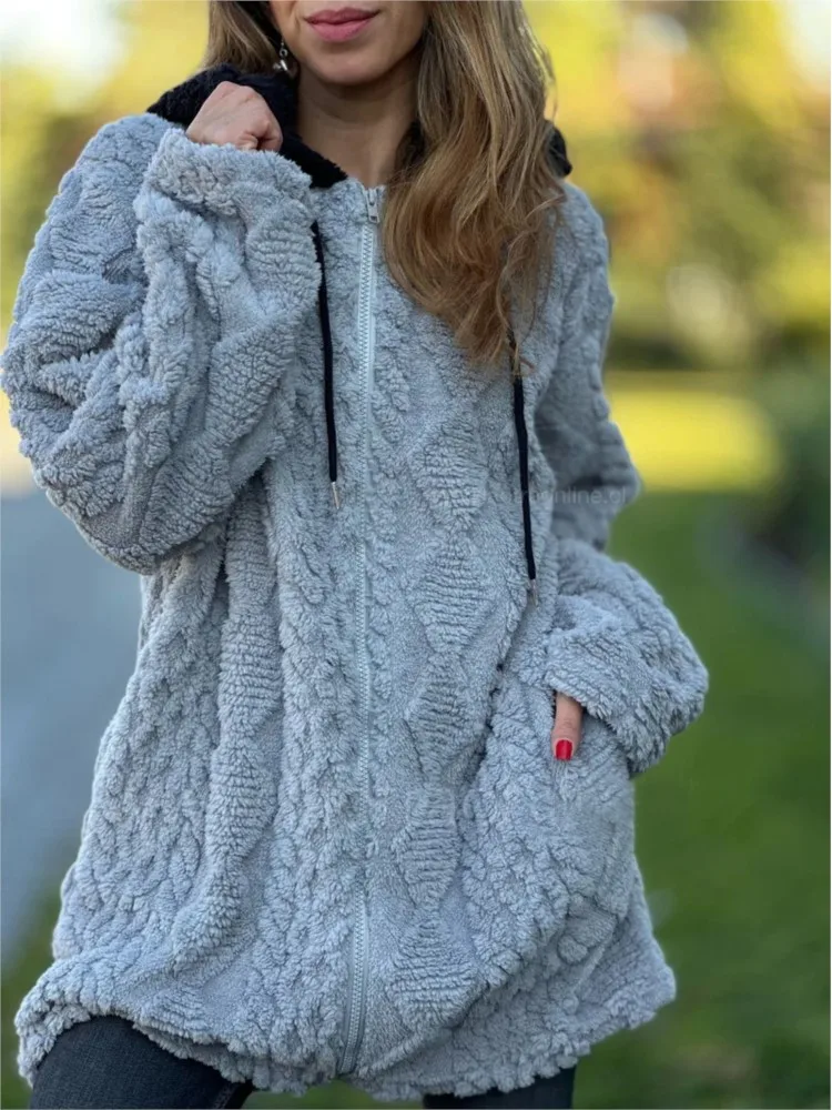 2025 Otoño Invierno nueva mujer Casual Sudadera con capucha Color sólido peludo cremallera abrigos de manga larga para mujer moda bolsillo chaqueta abrigo