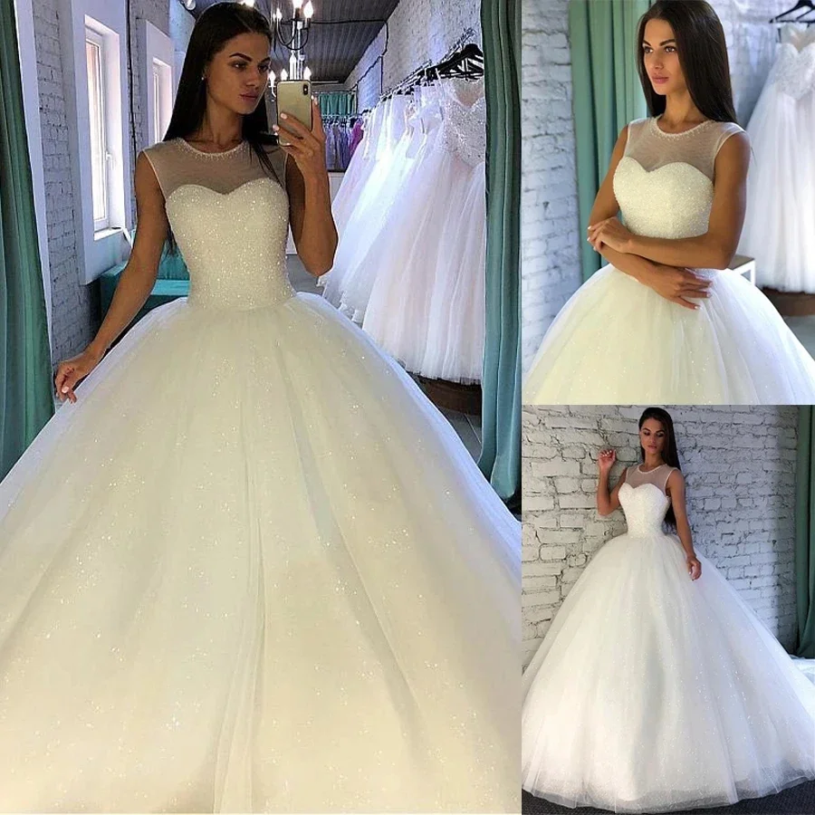 

Shining Glitter Tulle Jewel Neckline Ball Gown Wedding Dress Beadings Sleevelss Bridal Gowns vestido de festa longo