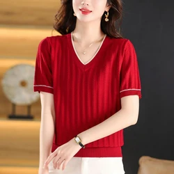 Summer Fashion Simple Elegant V-neck Short Sleeved T-shirt Women's Panelled Patchwork Wave Screw Thread Loose Versatile Knit Top