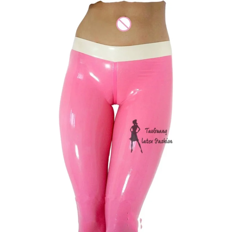 Sexy Women Pink Latex Rubber Trousers High Stretch Latex Tights Legging