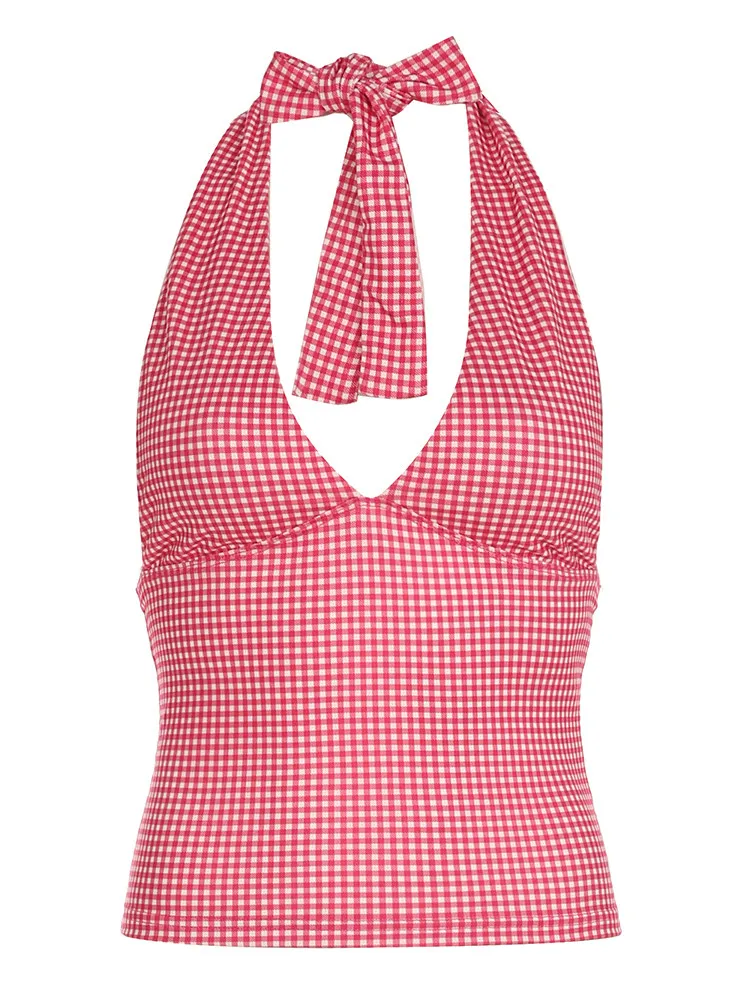 Spicy Girl Wearing Plaid Vest Women's Slim Fit Deep V-neck Hanging Neck Suspender Top